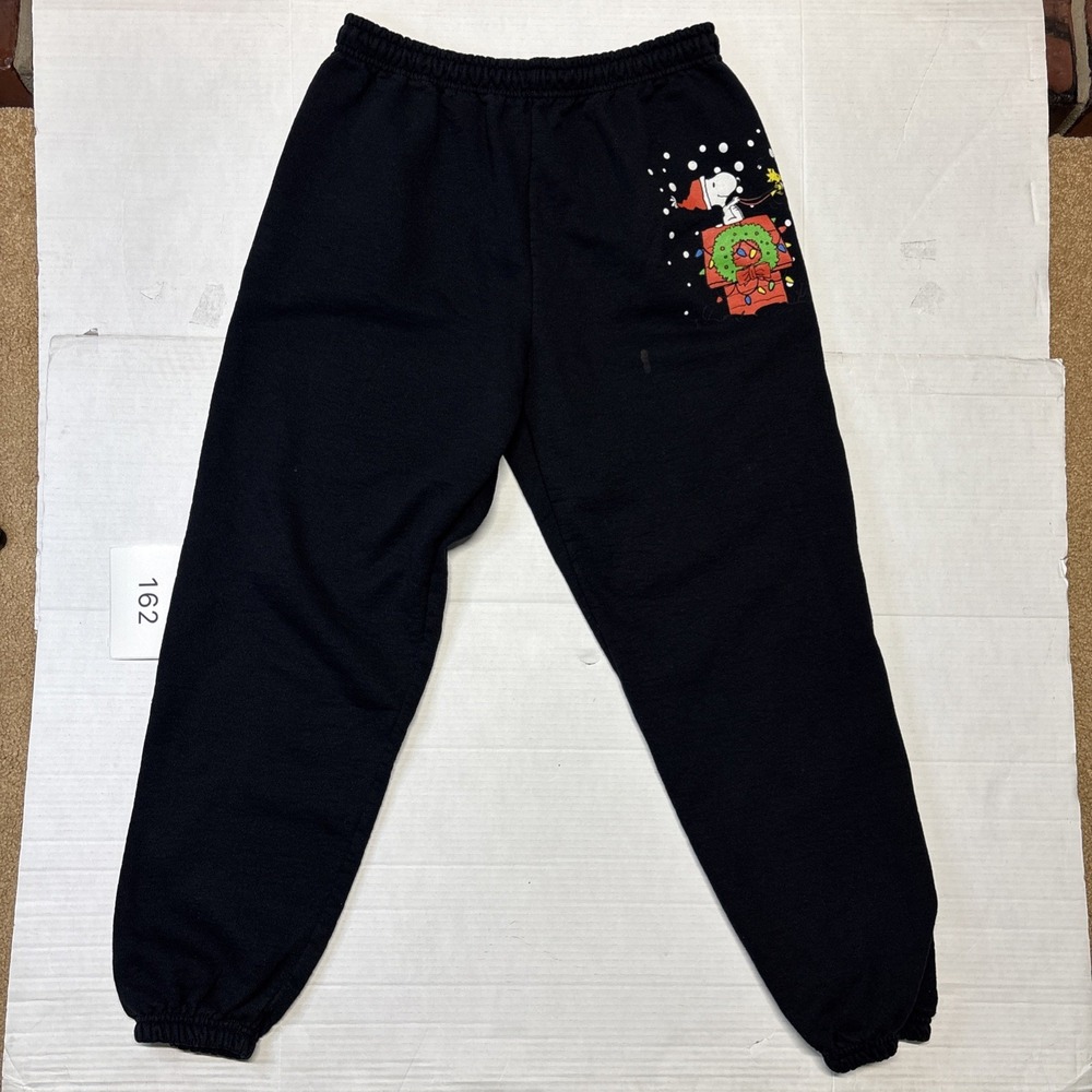 Peanuts Snoopy Holiday Sweatpants Black Small Fleece Joggers Christmas Wreath